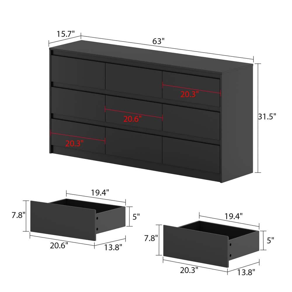 9-Drawer Black Wood Dresser Modern Style 31.5 in. H x 63 in. W x 15.7 in. D - thumbnail 3