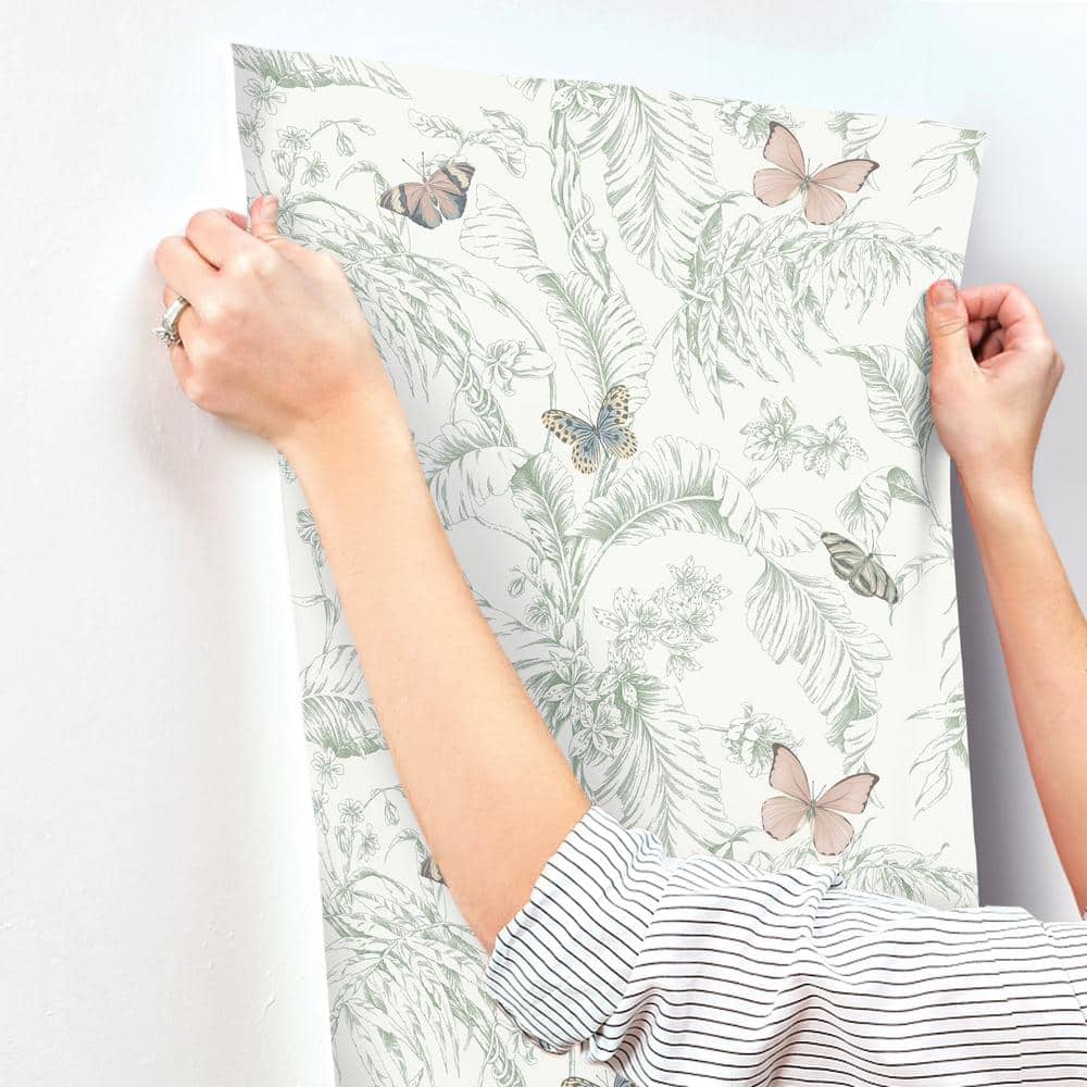 Blush and Green Tropical Butterfly Wallpaper