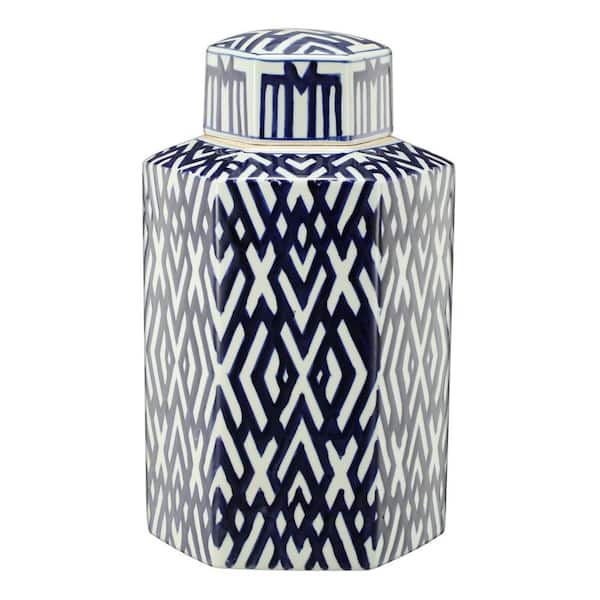 Carlyle Blue, White Lidded Hexagon Jar
