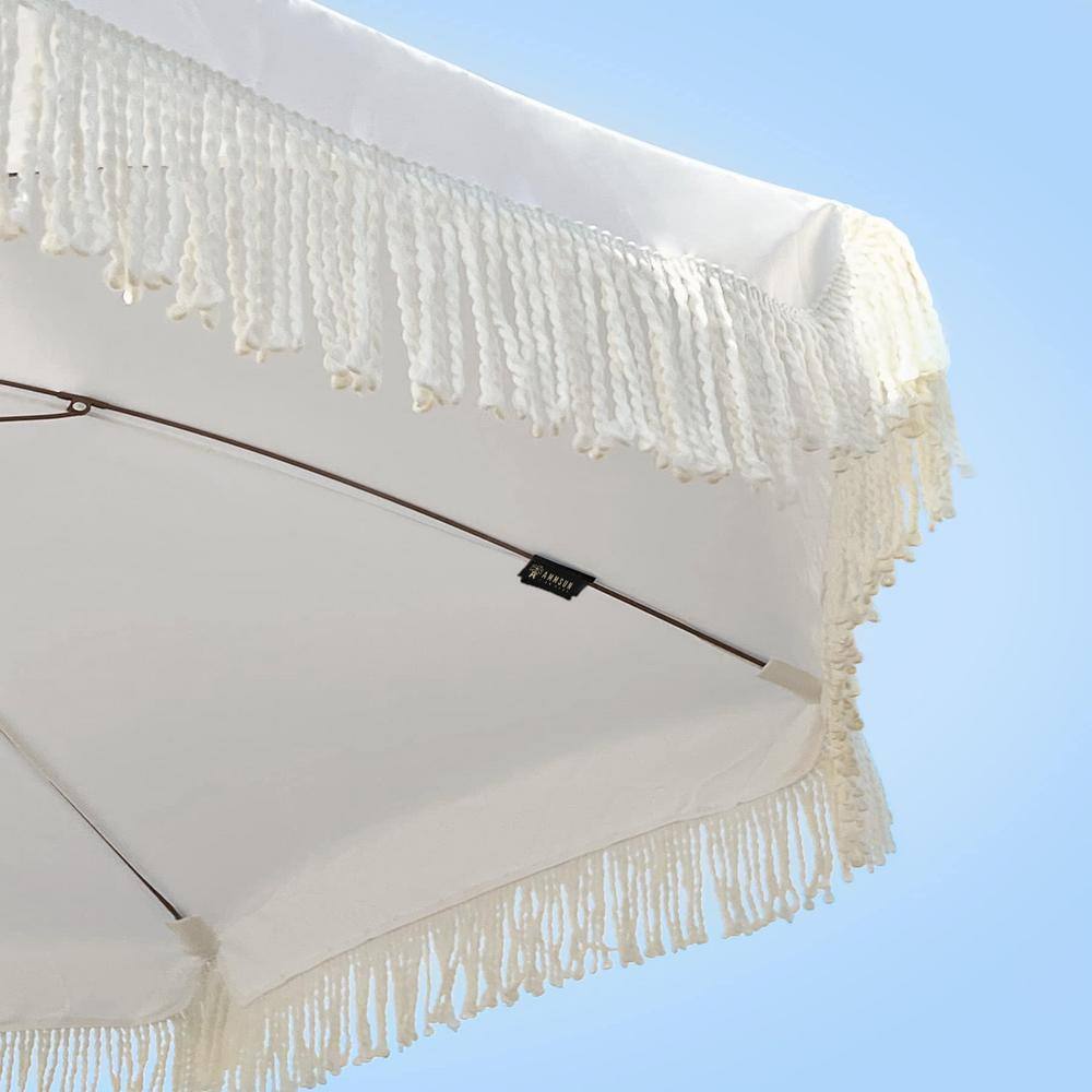 Elegant Cream 7ft Beach Umbrella with Tassel Fringe and Steel Pole