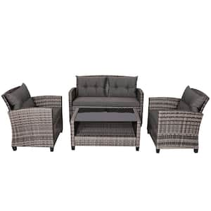 4-Piece Rattan Patio Conversation Set with Coffee Table and Gray Cushion