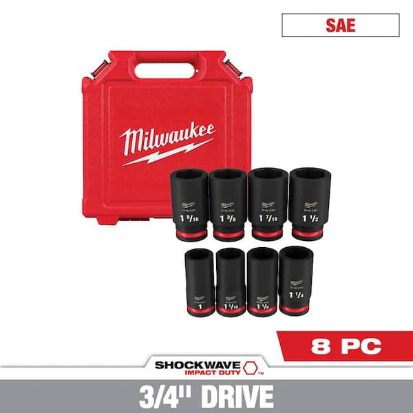 Milwaukee SHOCKWAVE 3/4 in. Drive SAE Deep Well Impact 6 Point Impact Socket Set (8-Piece)
