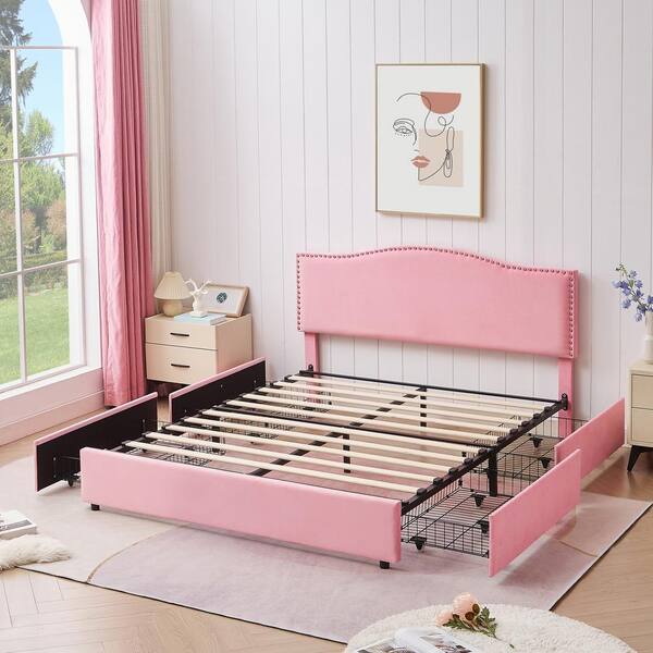 VECELO Velvet Storage Pink Metal Frame Queen Platform Bed