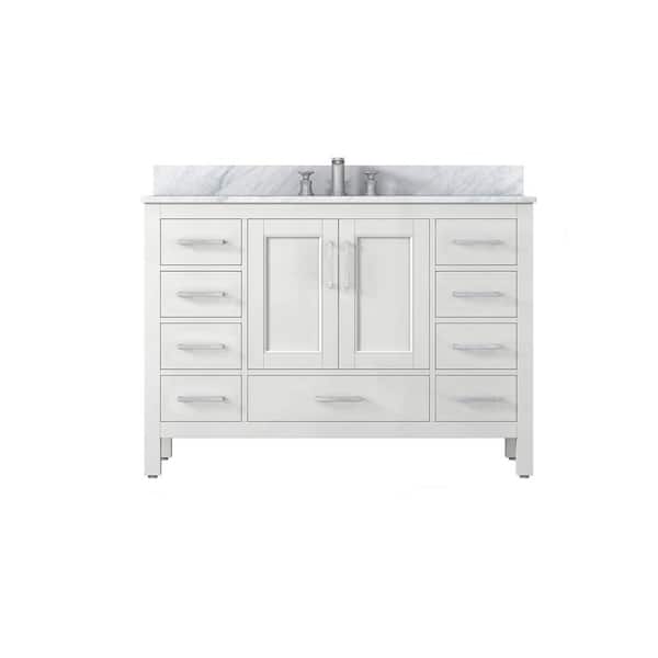 JimsMaison 48 in. W x 22 in. D x 35 in. H Freestanding Bath Vanity in Matte White with White Natural Marble Top
