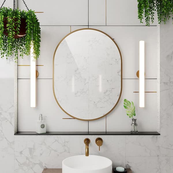 Prospero 24 in. W x 32 in. H Oval Framed Hanging Brushed Brass Wall Mounted Bathroom Vanity Mirror in Brushed Brass