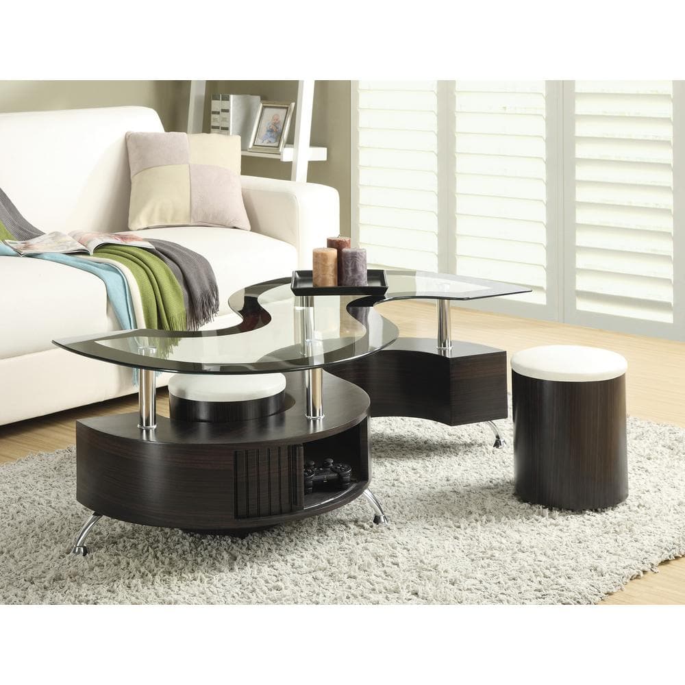 Serpentine Cappuccino Coffee Table with Chrome Accents and Stools