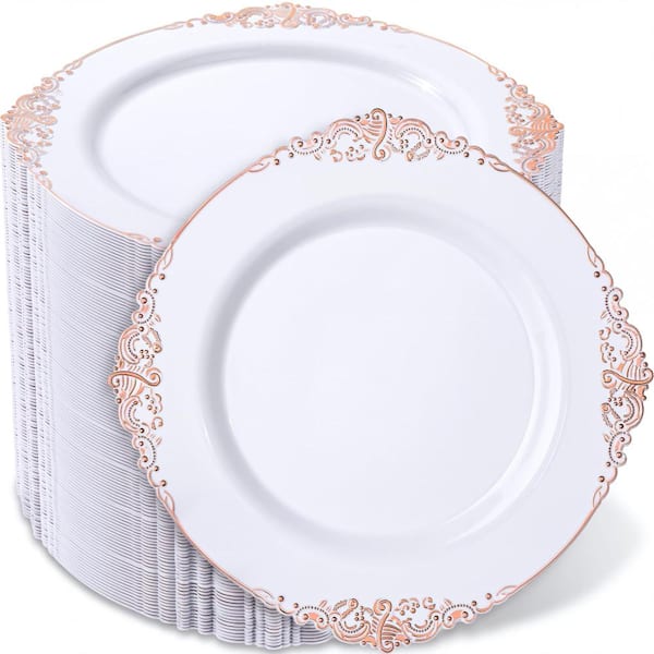 100-Piece Rose Gold Rim White Plastic Disposable Dinner Plates, 10.25 Inch, for Weddings and Parties