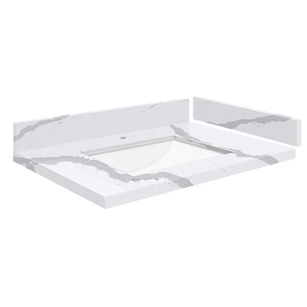 Transolid Silestone 25 in. W x 22.25 in. D Quartz White Rectangular Single Sink Vanity Top in Bianco Calacatta
