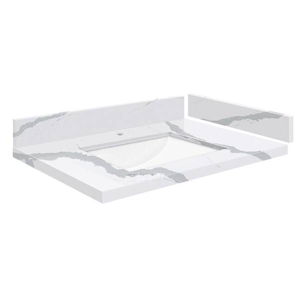 Transolid Silestone 28 in. W x 22.25 in. D Quartz White Rectangular Single Sink Vanity Top in Bianco Calacatta