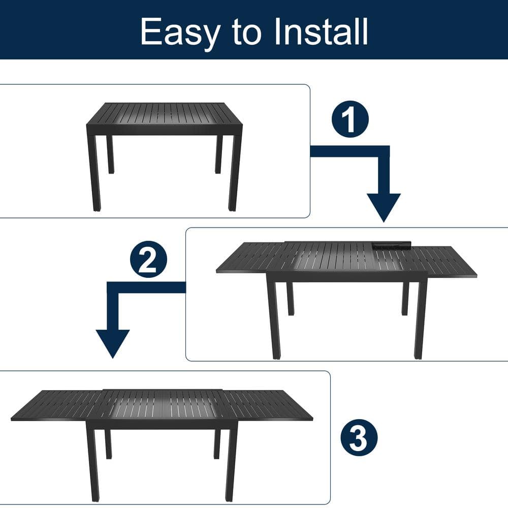 Black Aluminum Extendable Patio Dining Table for 6-8 People