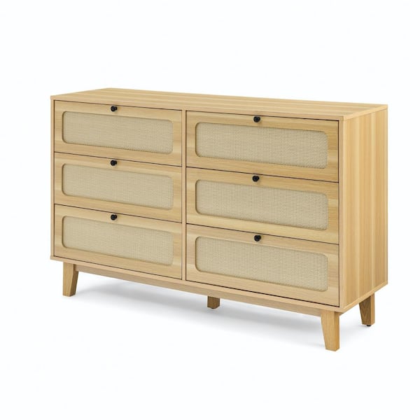 Unbranded 52 in. W x 15.75 in. D x 32.75 in. H Oak Beige Wood Linen Cabinet with 6-Drawer Dresser