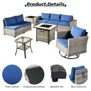 Tahoe Grey 9-Piece Wicker Patio Fire Pit Conversation Sofa Set with a Swivel Rocking Chair and Navy Blue Cushions