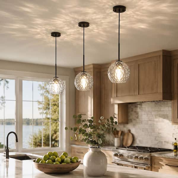 RayHome 1-Light Modern Black Adjustable Pendant Light with Globe Clear Hammered Glass Shade for Kitchen Island Bedroom