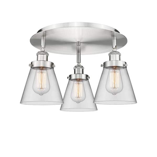 Cone 18 in. 3-Light Satin Nickel Art Nouveau Flush Mount with Clear Glass Shade