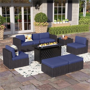 Dark Brown Rattan Wicker 7 Seat 9-Piece Steel Outdoor Fire Pit Patio Set with Blue Cushions and Rectangular Fire Pit