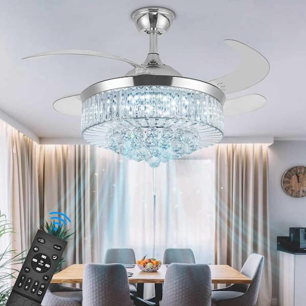 42 in. Indoor Chrome Color Crystal Ceiling Fan, Fandelier with Remote and Retractable Blades, Chandelier Fan with Light