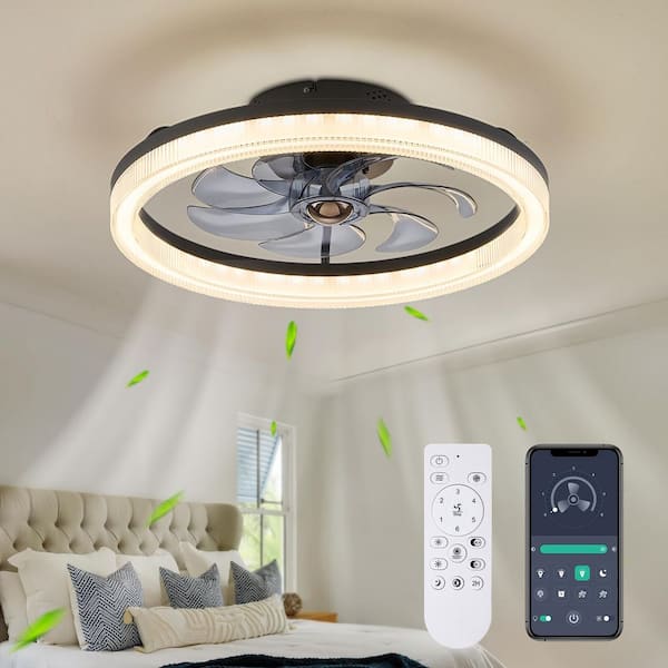 20 in. LED Indoor Black Low Profile Ceiling Fan with Dimmable Lighting Small Flush Mount Ceiling Fan with Remote