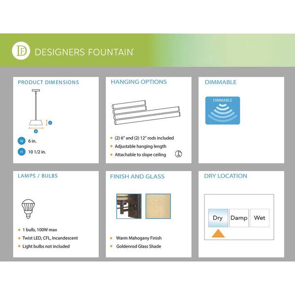 Designers Fountain - Mission Ridge 60-Watt 1-Light Warm mahogany Mission Pendant Light with Goldenrod Glass Shade and No Bulbs Included