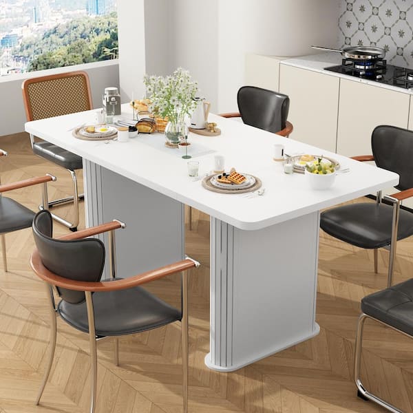 FUFU&GAGA White Wood 63 in. Width Rectangle Double Pedestal Dining Table Kitchen Bar Table, for 4-6