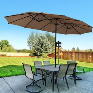 15 ft. Steel Market Patio Umbrella with Crank and Stand in Tan