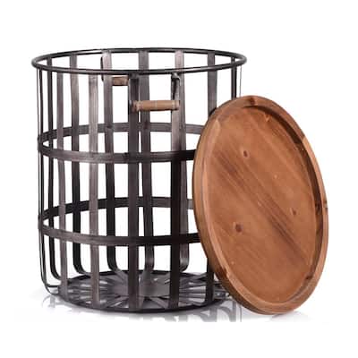 Round Galvanized Metal Decorative Basket with Wood Lid (Set of 2)
