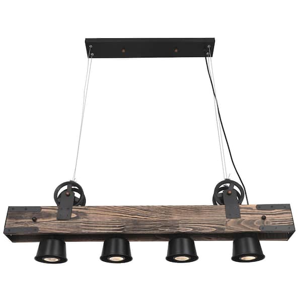 OUKANING 40-Watt 4-Light Black and Wood Rustic Retro Shaded Pendant Light with Adjustable Height, No Bulbs Included