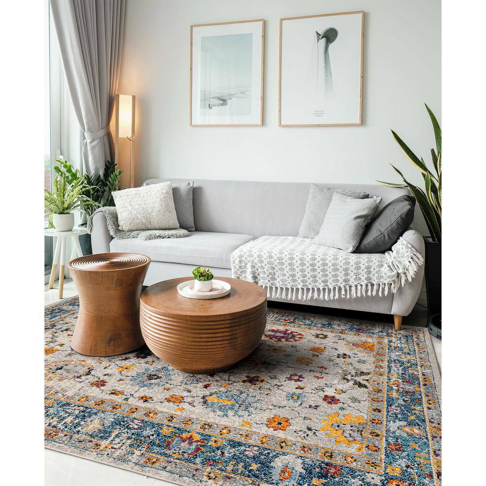 Blue and Orange Reversible Synthetic Rectangular Area Rug
