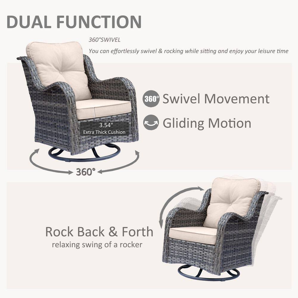 Two swivel rocking chairs demonstrating 360° swivel and rocking motion.