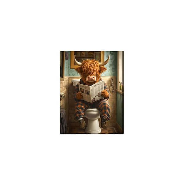 Funny Highland Cow Bathroom Art-Toilet Reading Canvas-Steampunk Wall Decor-16x24 Inch