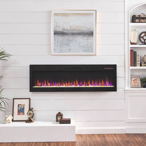 60 in. Wall Mount/Recessed LED Electric Fireplace with Overheating Protection, Temperature Adjustment in Black