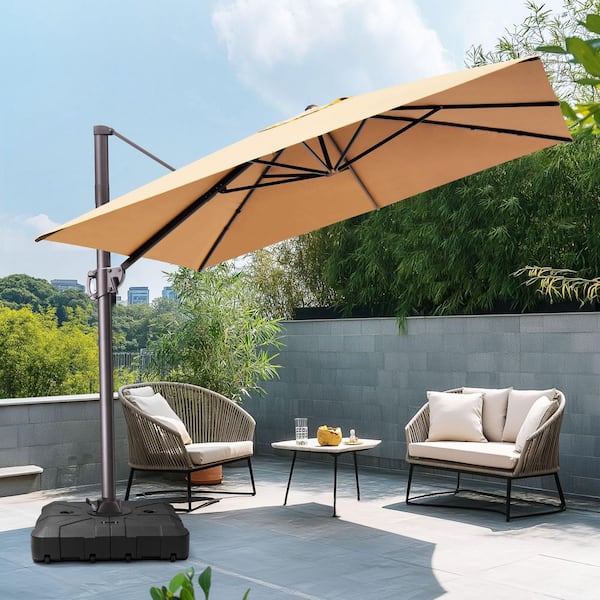 Pellebant 10.5 ft. x 9 ft. Rectangular Aluminum Offset Outdoor Cantilever Patio Umbrella in Tan with 360° Rotation and Stand