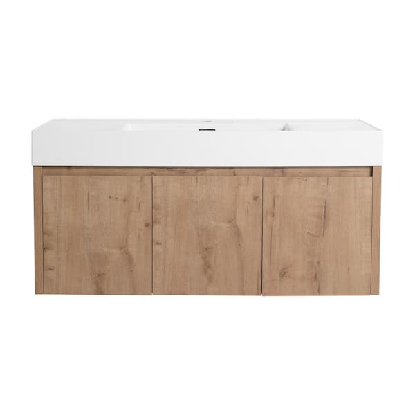 47.3 in. W x 18.1 in. D x 22.4 in. H Wall-Mounted Bath Vanity in Light Brown with White Resin Vanity Top