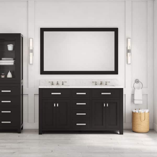 Madison 60 in. W x 21.5 in. D x 34 in. H Double Sink Bath Vanity in Espresso with Carrara White Marble Top and Mirror