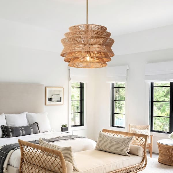1-Light 17 in. Gold Rattan Pendant Light,Hand-Woven Rustic Wicker Hanging Light (E26 Bulbs Not Included)