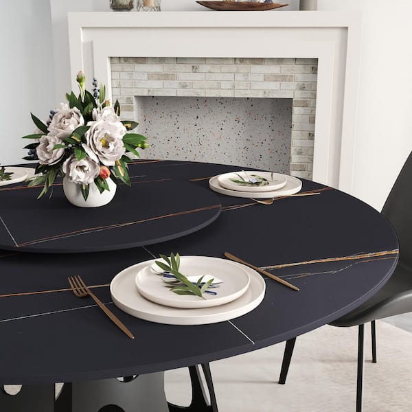 59 in. Black Lazy Susan Sintered Stone Tabletop with Black Pedestal Base Dining Table (Seats-8)