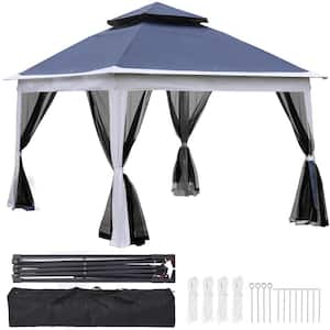 11 ft. x 11 ft. Pop Up Canopy Grill Gazebos With Removable Zipper Netting, 2-Tier Soft Top Event Tent for Yard, Blue