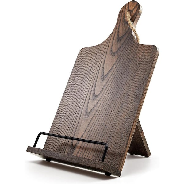 Anqtovp Recipe Stand Rustic Wood Cookbook Holder Cutting Board Style for Kitchen with Anti-Slip Kickstand in Dark Brown
