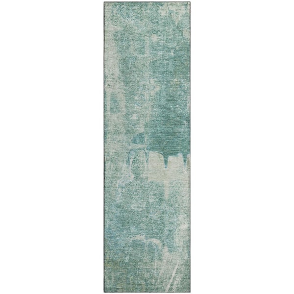Mayfield Premium Machine Washable Abstract AMF2226 Teal 2 ft. x 7 ft. Runner Rug