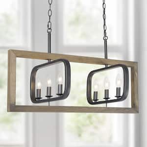 Modern Farmhouse 31 in. Black 6-Light Candlestick Chandelier with Rustic Wooden Cage Transitional Large Island Pendant