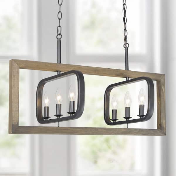 LNC Modern Farmhouse 31 in. Black 6-Light Candlestick Chandelier with Rustic Wooden Cage Transitional Large Island Pendant