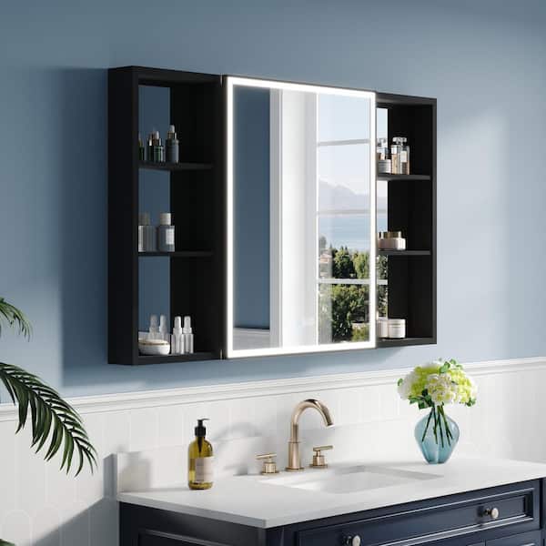 48.02 in. W x 30 in. H Rectangular Black Aluminum Recessed/Surface Mount LED Medicine Cabinet with Mirror, Left Hinge