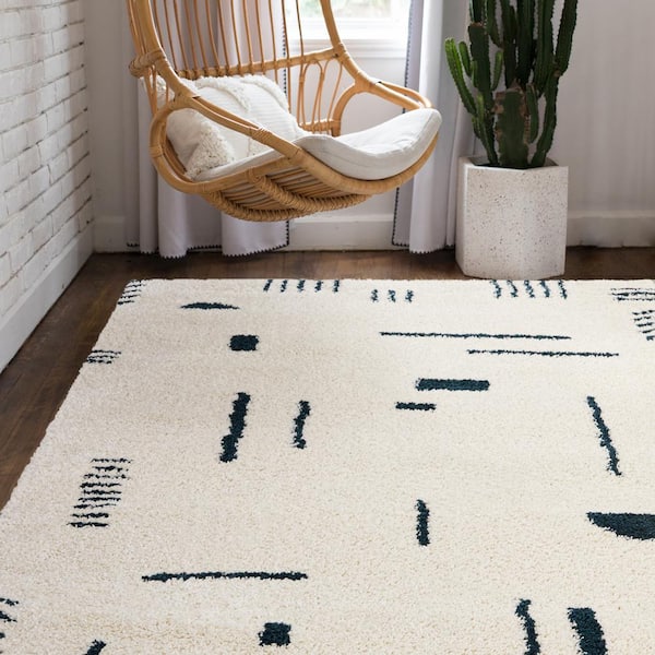 Rupa White/Navy 5 ft. x 7 ft. Modern Shag Area Rug