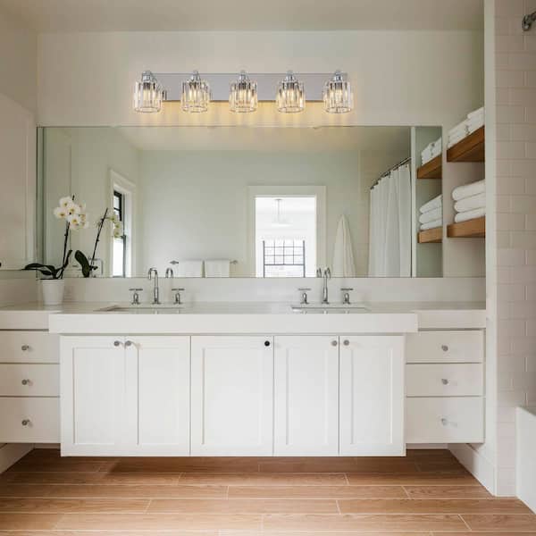 Orillia 35 in. 5-Light Vanity Light with Cylinder Crystal Shade Modern Wall Sconce for Bathroom Polished Chrome