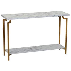 43.7 in. White Marble-Like Rectangle Particle Board Crown Sofa Table with Gold Metal Frame