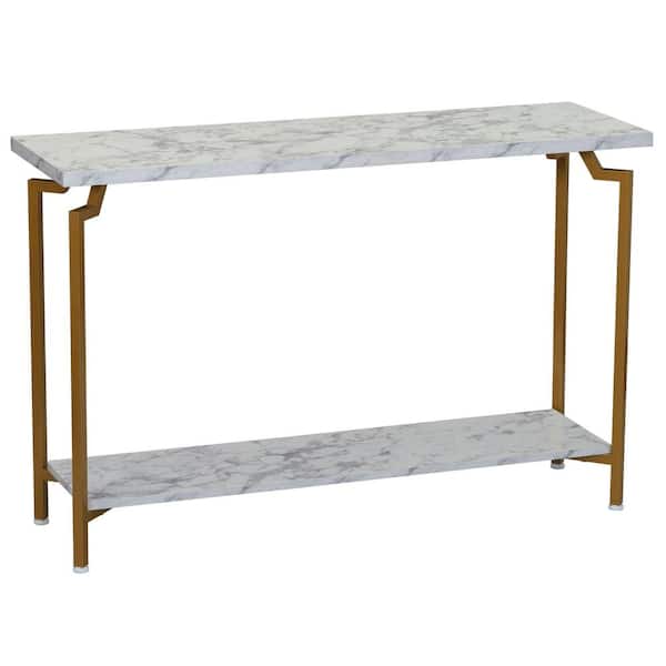 HOUSEHOLD ESSENTIALS 43.7 in. White Marble-Like Rectangle Particle Board Crown Sofa Table with Gold Metal Frame