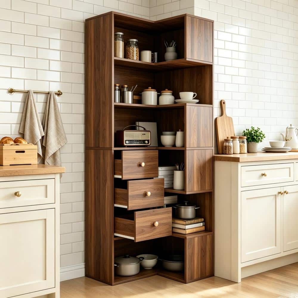 SANFANGIE 6-Tier L-Shaped Corner Kitchen Pantry Storage Cabinet with 3 ...