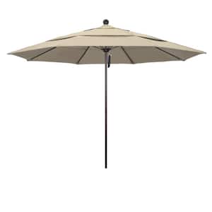 11 ft. Bronze Aluminum Commercial Market Patio Umbrella with Fiberglass Ribs and Pulley Lift in Antique Beige Sunbrella