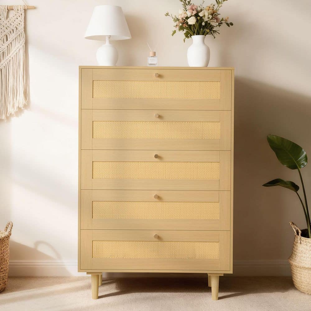 5 Drawer Rattan Dresser, Modern Closet Dresser for Bedroom, Natural Rattan Chest of Drawers with Metal Handles price history on PriceWatchPro