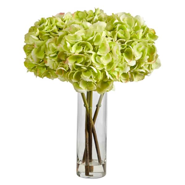 Nearly Natural 18 in. Hydrangea Artificial Arrangement in Glass Vase ...