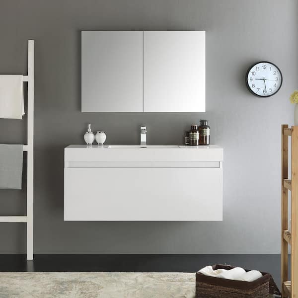 Mezzo 48 in. Vanity in White with Acrylic Vanity Top in White with White Basin and Mirrored Medicine Cabinet